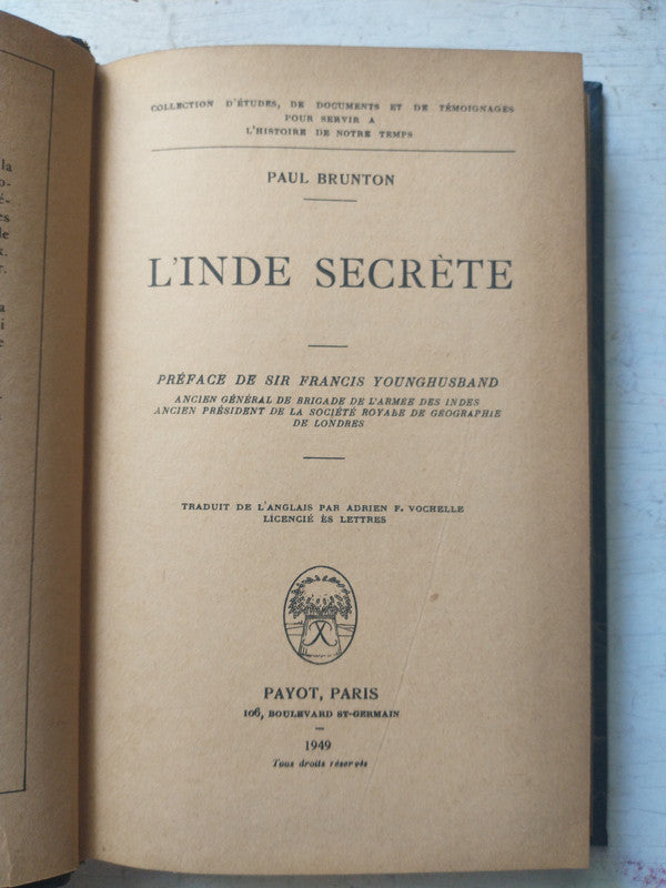 Libro usado en venta: Linde secrete de Paul Brunton; editorial Payot impreso en 1949 realizamos envios a todo el mundo.1