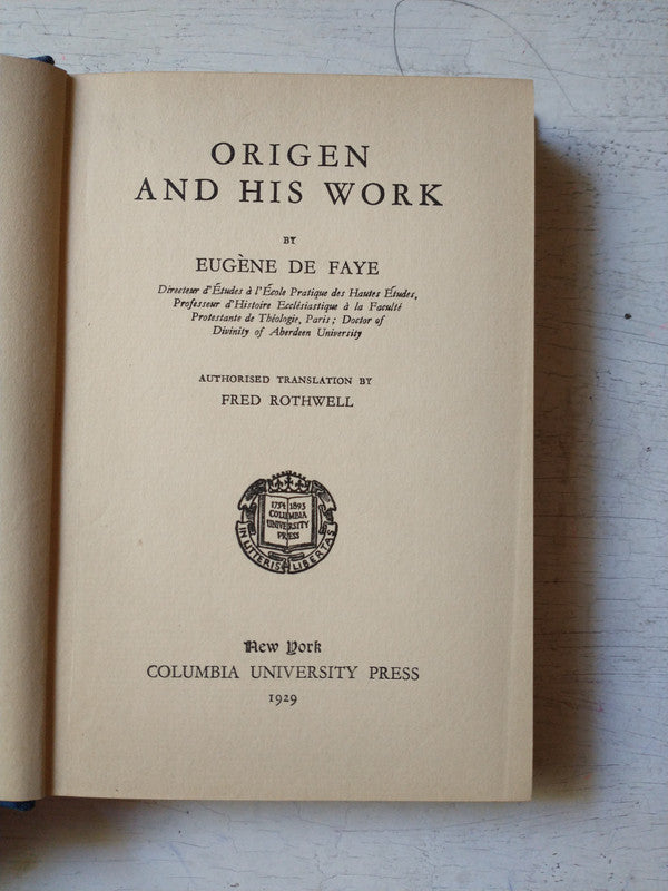 Libro usado en venta: Origen and his work de Eugene de Faye; editorial Columbia University Press impreso en 1929 realizamos envios a todo el mundo.1