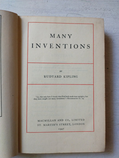 Libro usado en venta: Many inventions de Rudyard Kipling; editorial Macmillan impreso en 1947 realizamos envios a todo el mundo.1