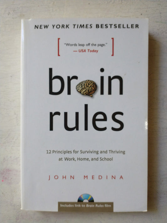 Libro usado en venta: Brain rules - 12 principles for Surviving and thriving at work de John Medina; editorial Pear Press impreso en 2008.1