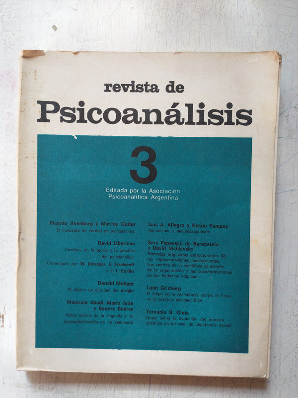 Libro usado en venta: Revista de Psicoanalisis 3; editorial Asociacion Psicoanalitica Argentina impreso en 1976 realizamos envios a todo el mundo.1