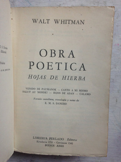Libro usado en venta: Obra poetica - Hojas de hierba de Walt Whitman; editorial Perlado impreso en 1958 realizamos envios a todo el mundo.1