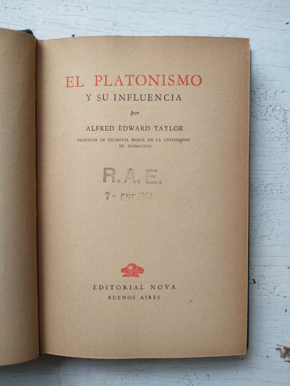Libro usado en venta: El platonismo y su influencia de Alfred Edward Taylor; editorial Nova impreso en 1946 realizamos envios a todo el mundo.1