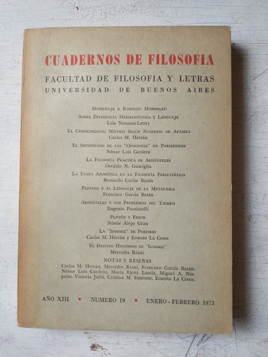 Libro usado en venta: Cuadernos de Filosofia - A?o XIII, N? 19; editorial Universidad de Buenos Aires impreso en 1973 envios a todo el mundo.1