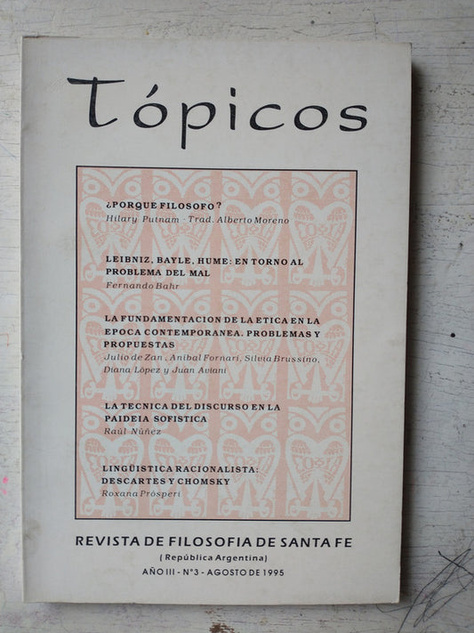 Libro usado en venta: Topicos - Vol. 3 de Revista de filosofia de Santa Fe; editorial Instituto de Filosofia impreso en 1995 envios a todo el mundo.1