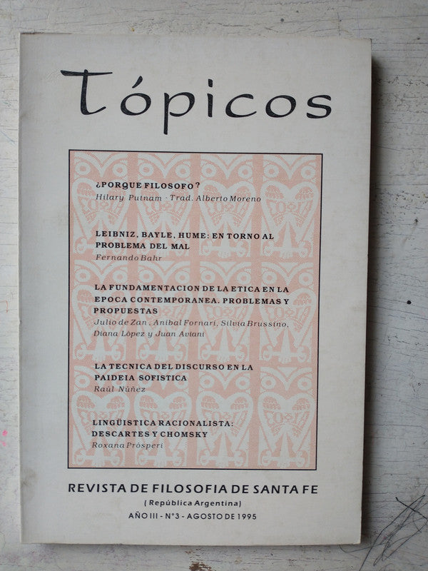 Libro usado en venta: Topicos - Vol. 3 de Revista de filosofia de Santa Fe; editorial Instituto de Filosofia impreso en 1995 envios a todo el mundo.1