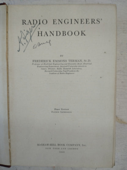Libro usado en venta: Radio engieers' handbook de Frederick E. Terman; editorial McGraw-Hill impreso en 1943 realizamos envios a todo el mundo.1