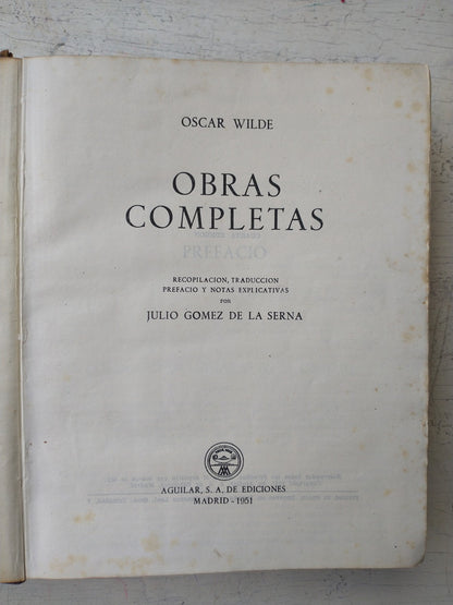 Libro usado en venta: Obras completas de Oscar Wilde; editorial Aguilar impreso en 1951 realizamos envios a todo el mundo.1
