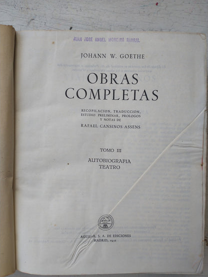 Libro usado en venta: Obras completas - Tomo 3 de Johann Wolfgang Von Goethe; editorial Aguilar impreso en 1951 realizamos envios a todo el mundo.1