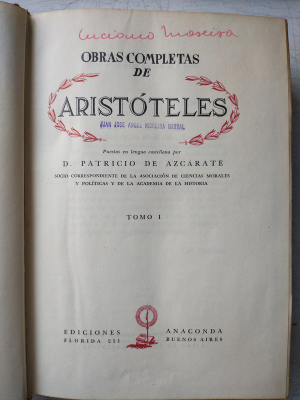 Libro usado en venta: Obras completas de Aristoteles (4 Tomos); editorial Anaconda impreso en 1947 realizamos envios a todo el mundo.1
