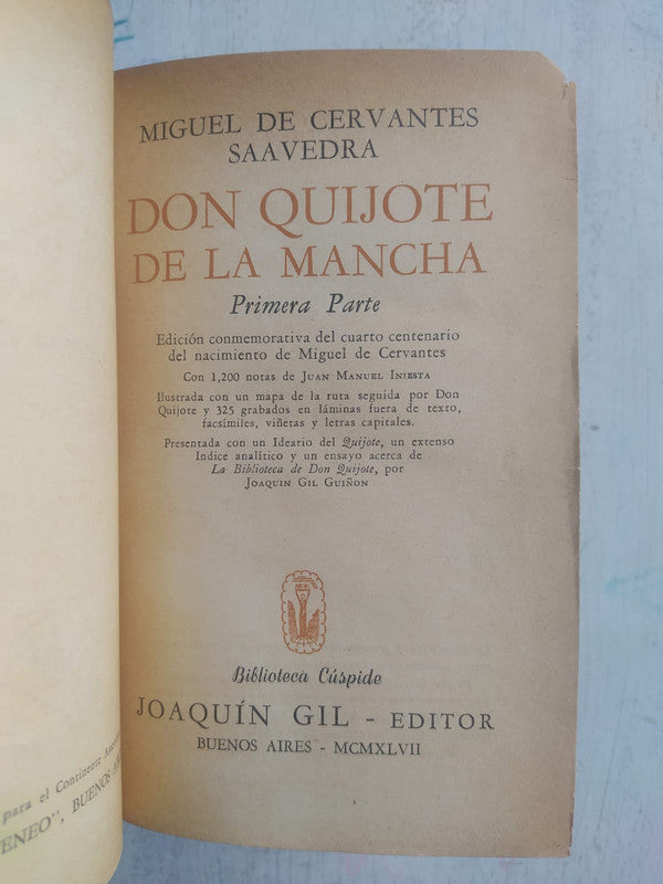 Libro usado en venta: Don Quijote de la mancha (Dos partes) de Miguel de Cervantes Saavedra; editorial Joaquin Gil impreso en 1947.1