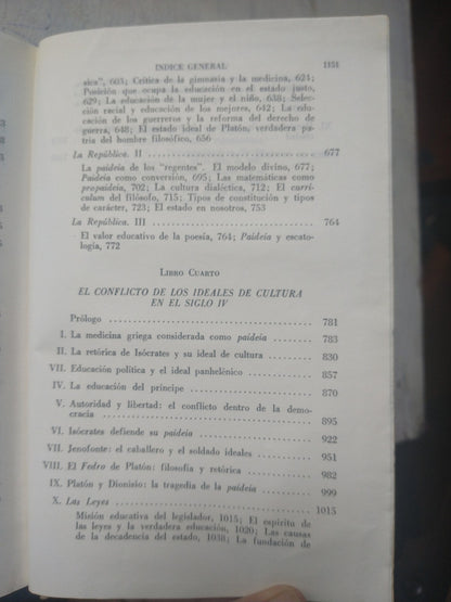 Libro usado en venta: Paideia - Los ideales de la cultura griega de Werner Jaeger; editorial Fondo de Cultura Economica impreso en 1957.3