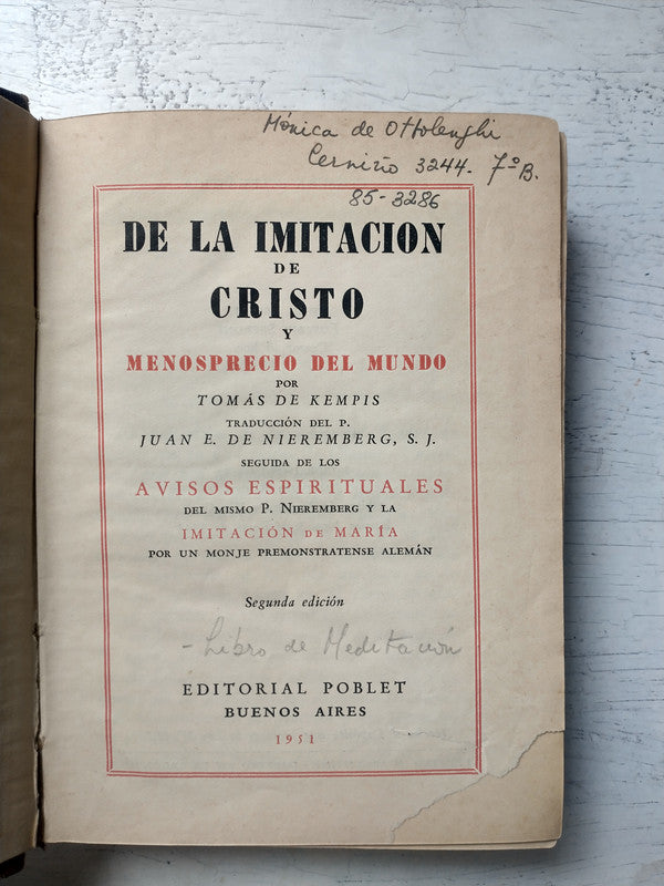 Libro usado en venta: De la imitacion de Cristo y menosprecio del mundo de Tomas De Kempis; editorial Poblet impreso en 1951 envios a todo el mundo.1