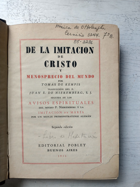 Libro usado en venta: De la imitacion de Cristo y menosprecio del mundo de Tomas De Kempis; editorial Poblet impreso en 1951 envios a todo el mundo.1