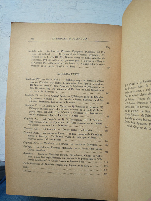 Libro usado en venta: Fabregas Mollinedo - El mistico salte?o del Pio Latino de Carlos G. Romero Sosa; impreso en 1943 envios a todo el mundo.3