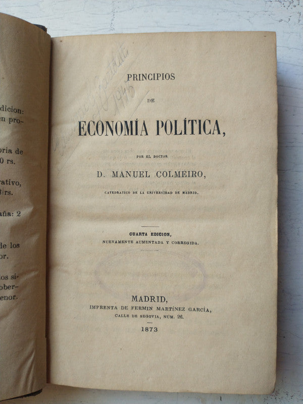 Libro usado en venta: Principios de economia politica de D. Manuel Colmeiro; editorial Imprenta de Fermin Martinez Garcia impreso en 1873.1