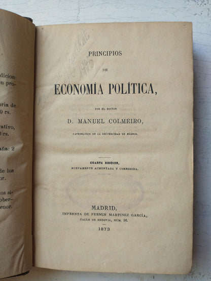Libro usado en venta: Principios de economia politica de D. Manuel Colmeiro; editorial Imprenta de Fermin Martinez Garcia impreso en 1873.1