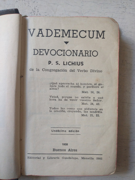 Libro usado en venta: Vademecum devocionario de P.S. Lichius; editorial Guadalupe impreso en 1938 realizamos envios a todo el mundo.1
