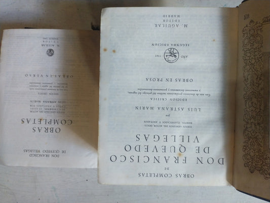 Libro usado en venta: Obras Completas (Prosa - Verso) de Francisco de Quevedo; editorial Aguilar impreso en 1941 realizamos envios a todo el mundo.1