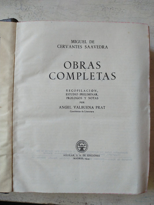 Libro usado en venta: Obras completas de Miguel de Cervantes Saavedra; editorial Aguilar impreso en 1949 realizamos envios a todo el mundo.1