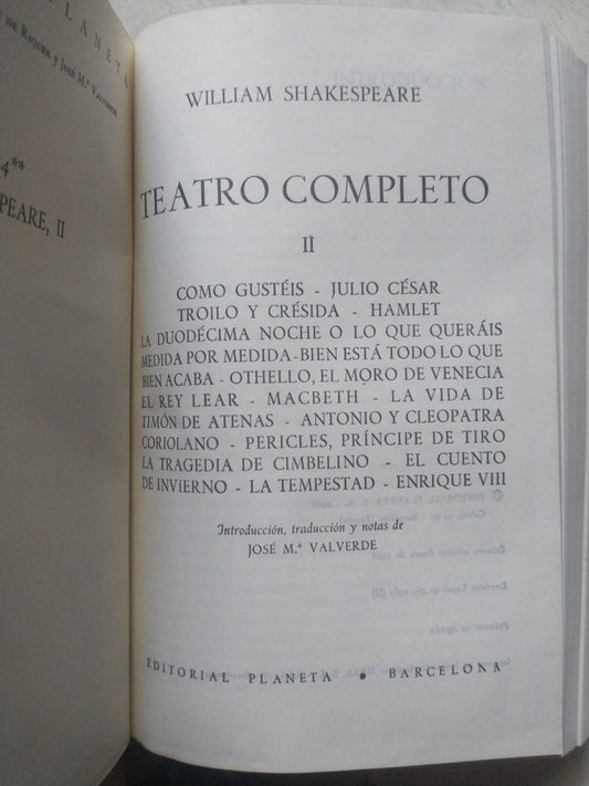 Libro usado en venta: Teatro completo 2 de William Shakespeare; editorial Planeta impreso en 1968 realizamos envios a todo el mundo.1