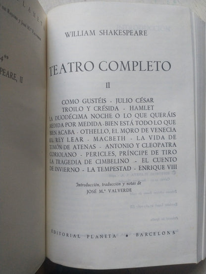 Libro usado en venta: Teatro completo 2 de William Shakespeare; editorial Planeta impreso en 1968 realizamos envios a todo el mundo.1