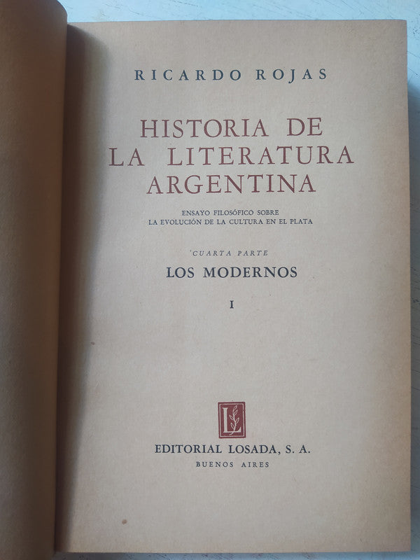 Libro usado en venta: Historia de la literatura argentina - Los modernos (2 Tomos) de Ricardo Rojas; editorial Losada impreso en 1948.3