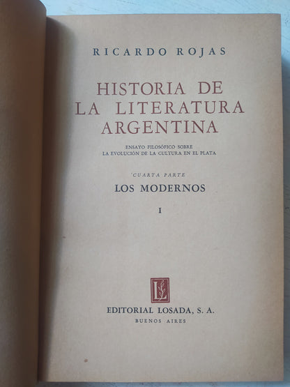 Libro usado en venta: Historia de la literatura argentina - Los modernos (2 Tomos) de Ricardo Rojas; editorial Losada impreso en 1948.3
