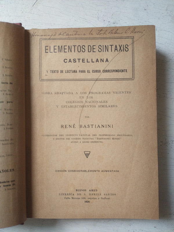 Libro usado en venta: Elementos de sintaxis castellana de Rene Bastianini; editorial Libreria de A. Garcia Santos impreso en 1924.2