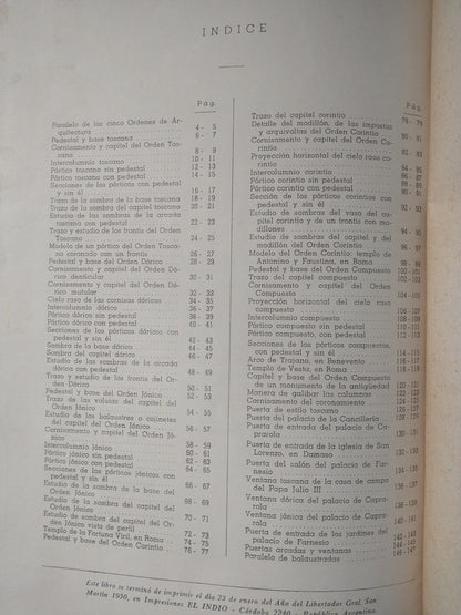 Libro usado en venta: Tratado de los cinco ordenes de arquitectura de Viñola; editorial Construcciones Sudamericanas impreso en 1950.5