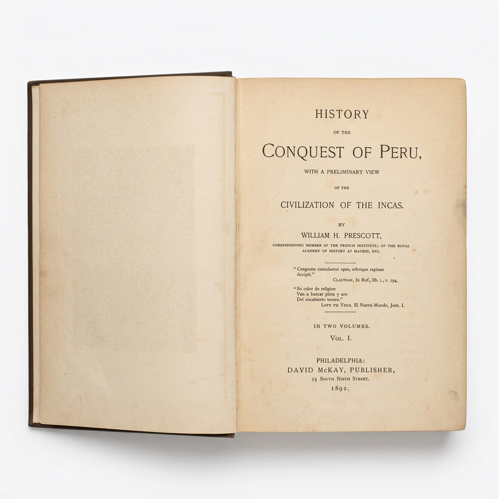 Foto primer hoja del libro History of the Conquest of Peru - Vol. 1 de William H. Prescott; editorial David McKay impreso en 1892 envios a todo el mundo.