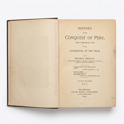Foto primer hoja del libro History of the Conquest of Peru - Vol. 1 de William H. Prescott; editorial David McKay impreso en 1892 envios a todo el mundo.