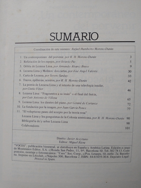 Libro usado en venta: Voces de Lezama Lima; editorial Montesinos impreso en _ realizamos envios a todo el mundo.4