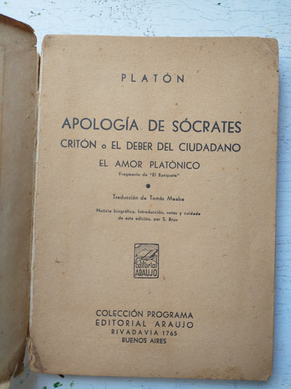 Libro usado en venta: Apologia de Socrates de Platon; editorial Araujo impreso en 1943 realizamos envios a todo el mundo.3