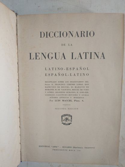 Libro usado en venta: Diccionario de la Lengua Latina de Luis Macchi; editorial Apis impreso en 1941 realizamos envios a todo el mundo.3